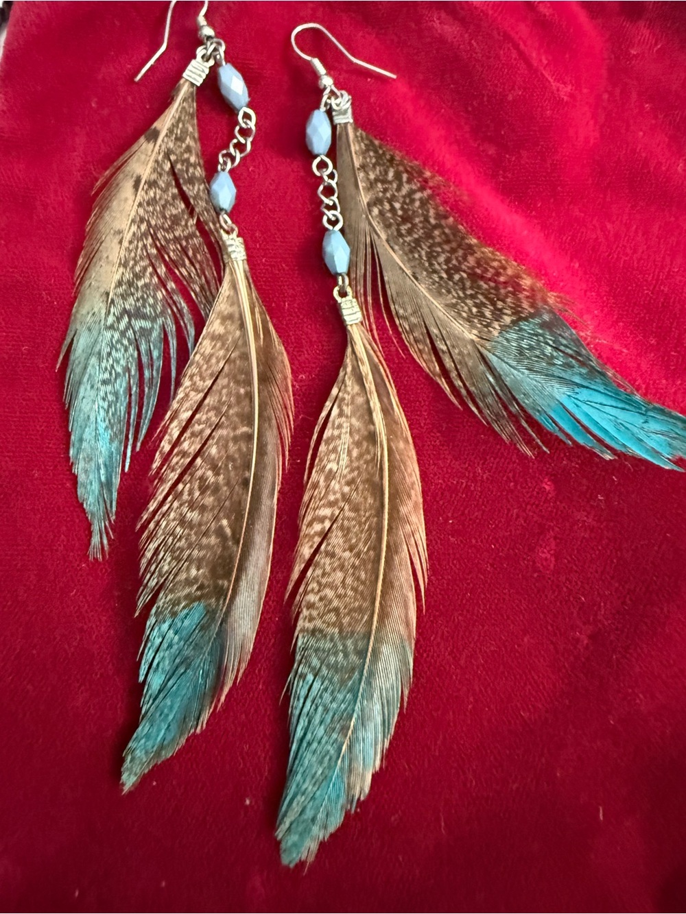 Feather Drop Earrings with Turquoise Accent - Women Jewelry